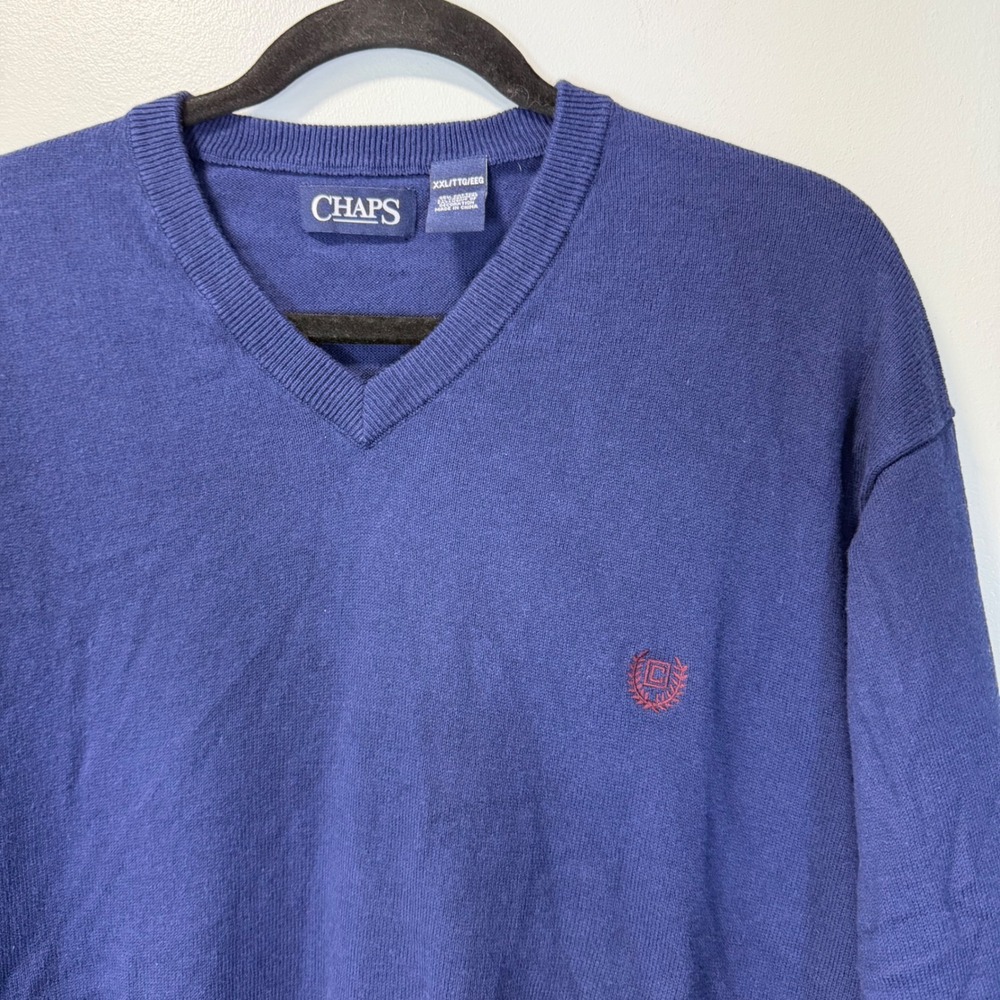 Chaps‎ Mens XXL Navy Blue Cotton Cashmere Blend V-Neck Logo Knit Sweater